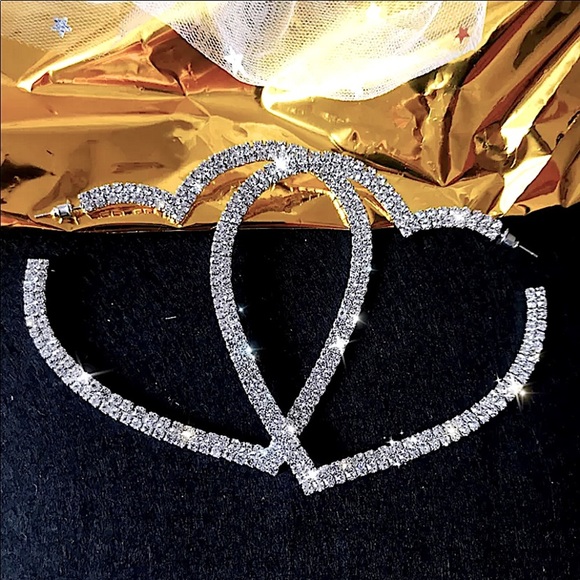 White Gold Plated Oversized Diamond Heart Hoop Earrings - Picture 10 of 14